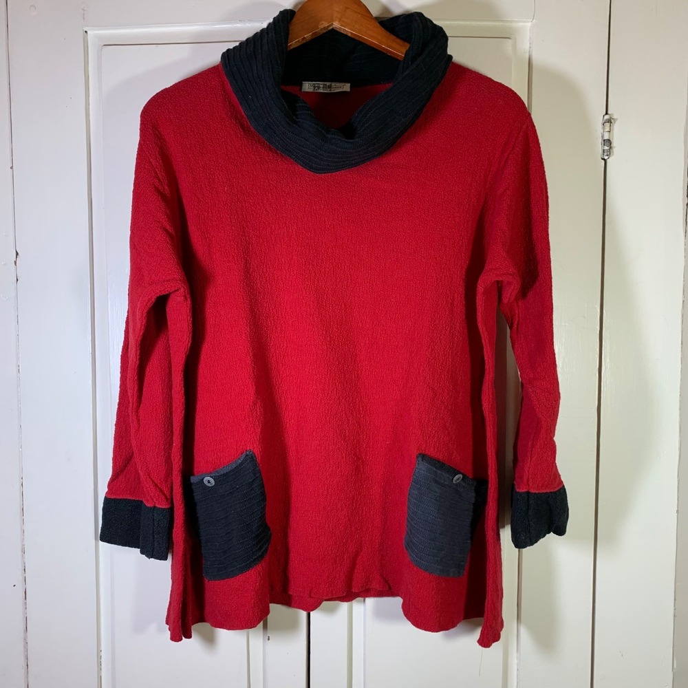 Margaret Winters Red Cotton‎ Cowl Neck Tunic Sweater Large USA Made READ